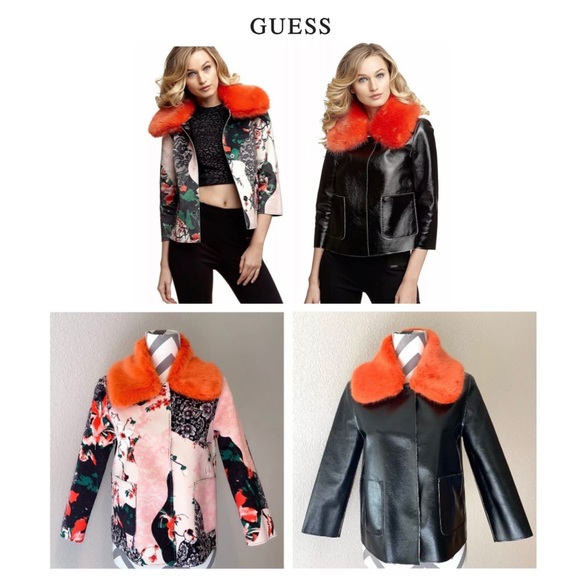 NWOT GUESS Faux Leather & Suede Floral Reversible & Detachable Collar Coat